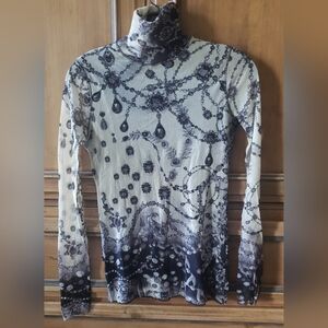 Vintage Fuzzi Womens Mesh Top Long Sleeve Turtleneck Abstract Design Sz M